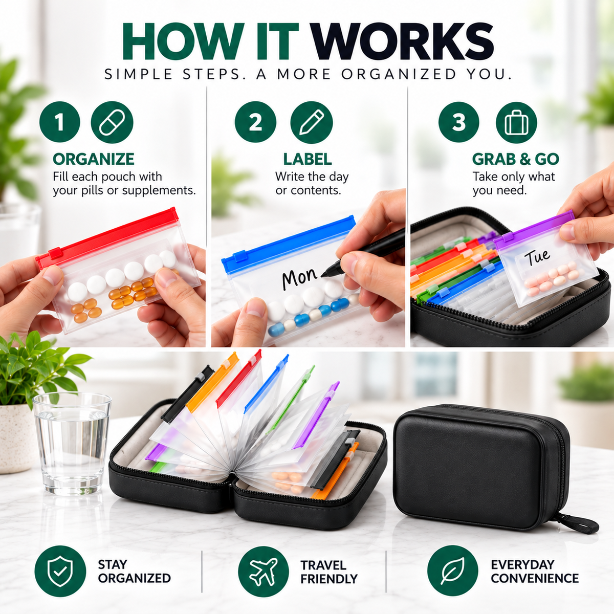 Packabit™ Travel Pill & Supplement Organizer